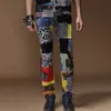 Wholesale- 2016 Men's Fashion Cool Style Multicolor Patchwork Straight Tube Full Length Button Jeans