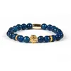 Topkwaliteit sieraden Groothandel 8mm Facet Blue and Black Agate Steen Kralen met Pvd Plated Lion Head Armbanden voor Mannen