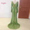 100% échantillon réel à manches longues robe de bal Sexy col en V cristal perlé paillettes fente latérale robes formelles sirène longue robe de soirée