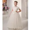 2019 Moda muito branco laço marfim vestidos de meninas de flores com mangas crianças inchado vestido de baile de tule vestido de baile pequena noiva dress8571922