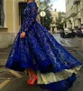 Lange mouwen Hoge Low Prom Dresses Full Lace Applique A Line Avondjurken Royal Blue Cheap Formal Party Dress