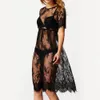 New Women Lace Dress Casual Long Black Short Sleeve O Neck See Through Beach Wear Dresses330E