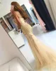 2017 Luxury Mermaid Light Yellow Prom Dresses Beaded Square Halsring är ärmlös formell kväll kändis klänningar skräddarsydda tyll p8807023