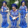 African Plus Size Evening Dresses Mermaid Royal Blue Jewel Peplum Pärlor Långärmad Prom Klänning Lång Aso Ebi Kvinnor Formell Party Gowns