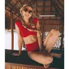 2017 Red off ombro Sexy bandeau plissado flounce bikini set duas peças swimsuit swimwear maiô para mulheres maiô