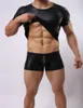 High Quality Men Black Leather T-Shirts Male Flexible Tight Tops Short Sleeve Bodycon Underwear Sexy Clubwear