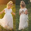 Bohemian Flower Girl Dresses For Weddings 2017 Cheap Lace Jewel Short Sleeve Bow Cut Out Back Tea Length First Communion Dress EN4216