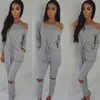 Wholesale fashion women autumn sexy plus size S-2XL off shoulder strapless long sleeve hole jumpsuit rompers outfit combinaison femme