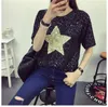 Hela 6xl Plus Size Women T Shirt 2017 Summer Shiny Star Sequin Design Tops Kort ärm Loose Casual Cotton Femme Shirts Blu4792113