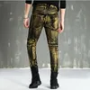 Hochwertige neue gold-silber beschichtete Herren-Jeans, elastisch, dünn, schmal, Biker-Jeans, Herren-Motorradhose, Hip-Hop-Nachtclub-Stil