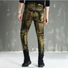 Hochwertige neue gold-silber beschichtete Herren-Jeans, elastisch, dünn, schmal, Biker-Jeans, Herren-Motorradhose, Hip-Hop-Nachtclub-Stil