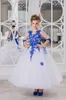 Nya blommaflickaklänningar Royal Blue Bow Sashes o-hals tre kvarts spetsboll klänning formell tävling nattvards klänning vestido322t
