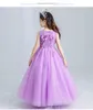 Violett tulle spets blomma flicka bröllopsklänning fotled längd applikationer pärla barn fest prom klänningar första nattliga klänningar