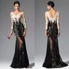 Czarny Biały Syrenka Długie Rękawy Koronkowe Suknie Wieczorowe 2016 Elie Saab V Neck Sheer Illusion Sequined Celebrity Prom Dresses Strój Wieczorowy