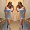 Dusty Blue Prom Dresses Sexy Lace Off The Shoulder Side Split Evening Gowns Cheap Meramaid Formal Party Dress Custom Made