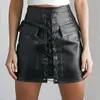 Lace Up Faux Läder Kvinnor Mini Skirt Gothic Punk High Waist Pocket Kjolar Bodycon Clubwear Size S-XXL