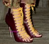 2017 Ryba Toe Kobiety Buty Motocyklowe Skórzane Martin Buty Kobieta Party Buty Cienkie Obcasy Mujer Botas Wine Red Lady Lace Up Botki