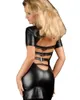 Kurzarm Hollow Out Front Catsuit Damen Schwarz Knopfkleid Gothic Punk Minikleid Clubwear Performance Kostüm