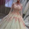 Muslimische Brautkleider für den Nahen Osten, 3D-Blumenapplikationen, Perlenspitze, Brautkleider, Illusion, lange Ärmel, Hochzeit, Vestidos, nach Maß