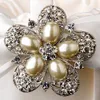 2.5" Rhodium Silver Plated Ivory Pearl and Crystal Star Flower Brooch Bouquet