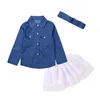Baby meisje denim mode set kleding kinderen lange mouwen shirts Top + shorts rok + boog hoofdband 3 stks outfits kid trainingspak