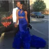 Royal Blue Two Pieces Jurken Party Avondslijtage Hoge Neck Beads Kant Layered Mermaid Prom Dress Long Rits Back Homecoming Jurk