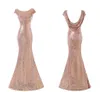 Moda Rose Gold Cekinowa Mermaid Prom Sukienka Długie Tanie Backless Z Krótkim Rękawami Korowód Wieczór Formalne Suknie Druhna