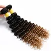 1B 4 27 Honey Blonde Ombre Cheveux Brésiliens Tisse Avec Fermeture À Lacet Vague Bouclée Profonde Trois Tons 3Bundles Avec Fermeture 4Pcs / Lot