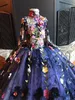 Färgglada handgjorda blommapplikationer Flickor Pageant Gowns 2017 High Neck Long Sleeves Navy Blue Ball Gown Flower Girl Dresses for Wedding