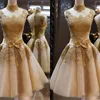 Charming Homecoming Dresses Gold Lace High Neck Sleeveless With Bow Waist Short Prom Gown Cocktail Party Dresses