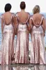 Bling Bling Sparkly Bridesmaid Dresses Rose Guld Sequins Nya Billiga Mermaid Två Pieces Prom Lugnar Backless Country Beach Party Dresses