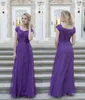 Summer Purple Chiffon Long Modest Bridesmaid Dresses With Short Sleeves Pleats Flowers Floor Length Country Bridesmaids Dresses Cheap