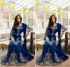 2017 Azul Royal Luxo Cristal Muçulmano Árabe Vestidos de Noite Applique Lace Abaya Dubai Kaftan Longo Plus Size Vestidos de Celebridades Formais