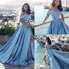 High Split Arabische Ballkleider Hellhimmelblau Satin Abendkleider Schulterfrei Dubai Kaftan Abschlusskleider Robe de Soiree