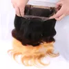 Ombre 360 ​​Frontal Del Merletto Chiusura Con Fasci di Capelli Umani T1b 4 27 Tre Brasiliani Peruviani Malesi Indiani Dell'onda Del Corpo Dei Capelli Tesse Chiusura 3 pz