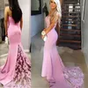 2017 Billiga Sexiga Prom Klänningar Spaghetti Straps Ärmband Appliques Zipper Celebrity Party Dress Charmig Satin Sweep Train Pink Afton Dress