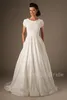 Country Modest Wedding Dresses Cap Sleeves Jewel O Neck Lace Top Satin Skirt Buttons Back Vintage Simple Bridal Gowns Sleeved Couture