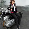 Atacado - Nova Chegada 2017 Sujei Souvenir Motocicleta PU Jaqueta de Couro Mulheres Curto Floral Impresso Bordado Beisebol Varsity Jacket