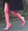 2017 여성 허벅지 높은 부츠 캔디 컬러 실크 소재의 부츠 얇은 뒤꿈치 포인트 발가락 높이의 검투사 의상 드레스 무릎 높은 부츠 이상 신발