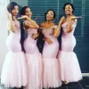 Südafrikanische hellrosa Meerjungfrau-Brautjungfernkleider, sexy schulterfreie Spitzenapplikationen, Trauzeugin-Kleider, formelles Partykleid für Hochzeitsgäste