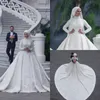 높은 목 긴 소매 아랍어 히잡 무슬림 웨딩 드레스 2020 로맨틱 아플리케 레이스 화이트 웨딩 드레스 법원 기차 abiti 다 SPOSA 사용자 정의