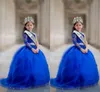 Royal Blue Girls Pageant Dresses Waist Beaded One Shoulder Lace Appliques Flower Girls Dresses Long Sleeves Kids Prom Dress Birthday Gown