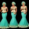 Aso Ebi Black Girls Mermaid Suknie Wieczorowe Scoop Cap Rękawy Peplum African Prom Sukienka Długie Koronkowe Aplikacje Koraliki Formalna Cocktail Party Dress