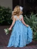 Vintage Light Blue Flower Girls Dress with Gathered Twirl Design Square Neck Lace Pageant Dress For Girls 2017 Lovely Baby Birthday Dresses