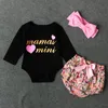 Frühling Herbst Kinder Kleidung Sets Baby Mädchen Mamas Mini Brief Druck Strampler mit Blumendruck PP Hosen + Stirnbänder 3 Stück Anzüge