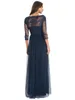 Dark Navy Elegant Sheer Long Sleeve Mother of the Bride Dresses Lace Appliques A Line Tulle Long Evening Gowns Custom Made Mother Dresses