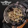 Vincitore Fashion Gold Black Roman Number Dial Design di lusso Orologio da uomo Orologio da uomo Top Brand Cool Scheletro meccanico Orologi da polso maschili