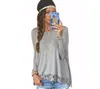 Gamiss Fashion Autumn Tops Solid Color Casual Stitching Lace Grey Long-Sleeved Irregular Hem T-shirt Free Shipment