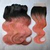 New Arrival Dark Root Rose Gold Body Wave Ombre Human Hair With Closure 1B Rose Gold Hair Weft With Closure 4x4 4PcsLot9124781