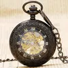 Groothandel-elegant glas zwart Retro Roman Number Skeleton Dial Steampunk Mechanical Fob Pocket Watch met ketting voor mannen Vrouwen